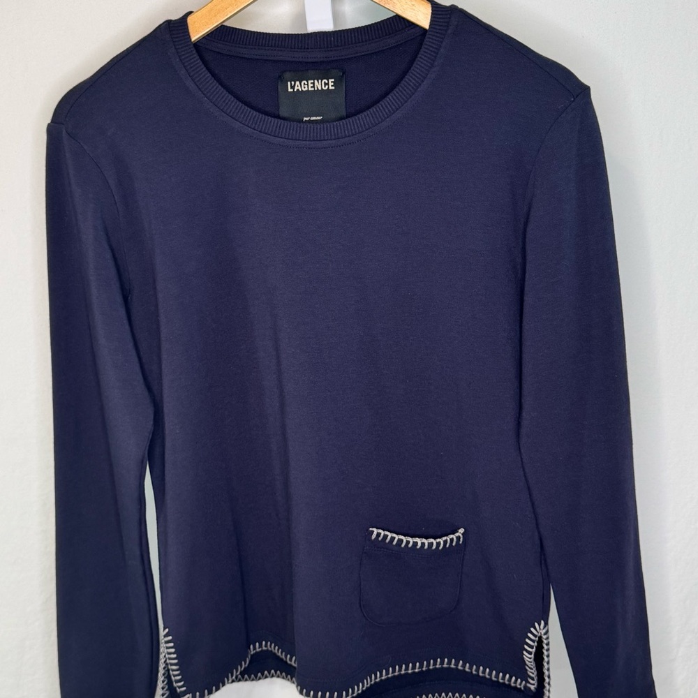 L'AGENCE‎ Christy Contrast Stitch Top Midnight Blue Size Small
